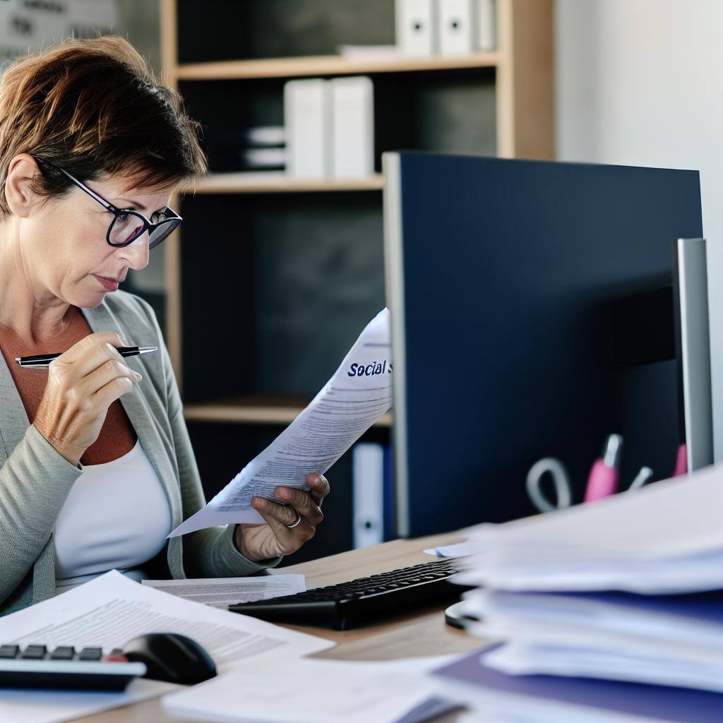 An image of a middle aged white woman sitting at a desk, surrounded by paperwork and a computer, reading about Social Security and taking notes